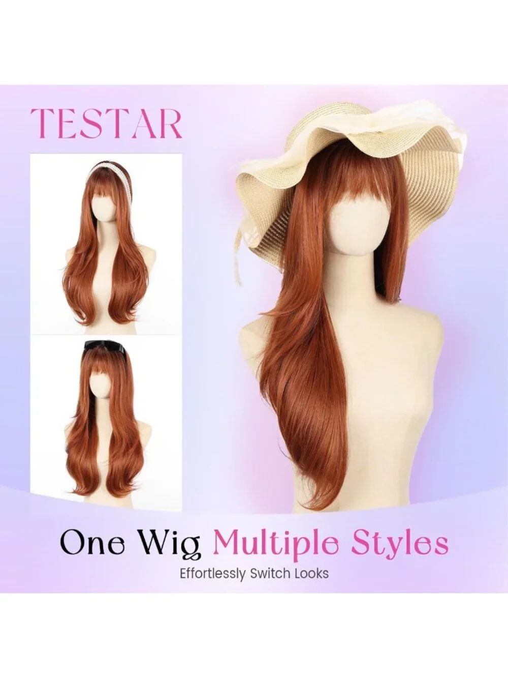 Ombre Ginger Long Wavy Auburn Wig with Bangs - 26